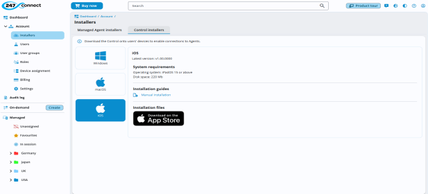 247connect Web Portal showing Account > Installers > Control installers with iOS selected and an App Store download button.